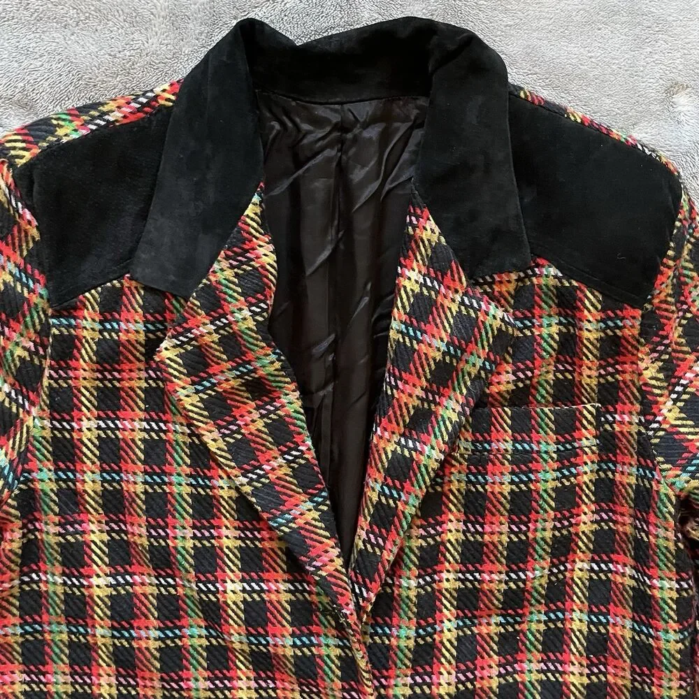 VTG Westerfield Plaid Wool Blend Blazer Suede Like Collar 80s Med USA Academia